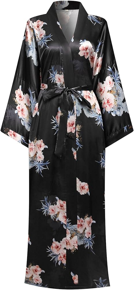 Plus Size Long Kimonos Women Floral Robe Silky Loungewear Sleepwear Bridesmaid Bathrobe