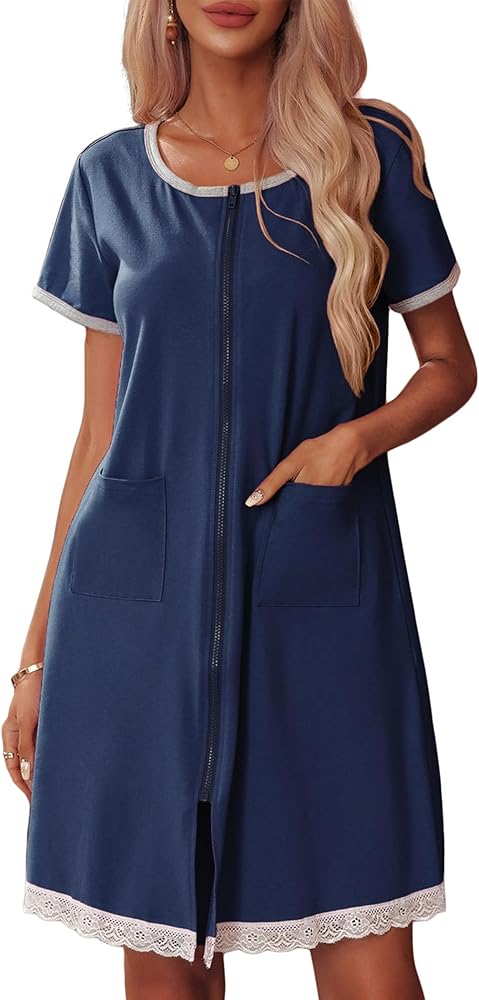 Ekouaer Womens Zipper Front Housecoats Short Sleeve Bathrobes Lace Trim Nightgown with Pockets(Navy Blue, X-Large)