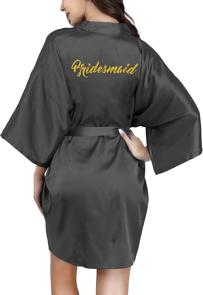 Bride Bridesmaid Robes with Glittering for Wedding Bridal Party Womens Short Silky Satin Robe One Size