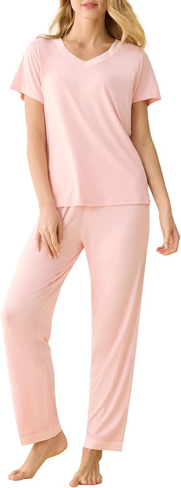 Latuza Women's V-neck Sleepwear Short Sleeves Top with Pants Pajama Set