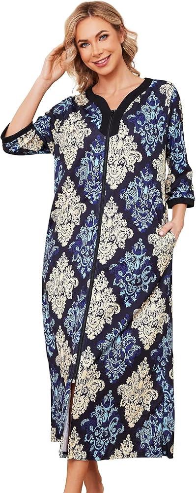 Women Robes Zipper Front Nightgown Half Sleeve House Dress Full Length Duster Housecoat with Pockets Loungewear S-3XL