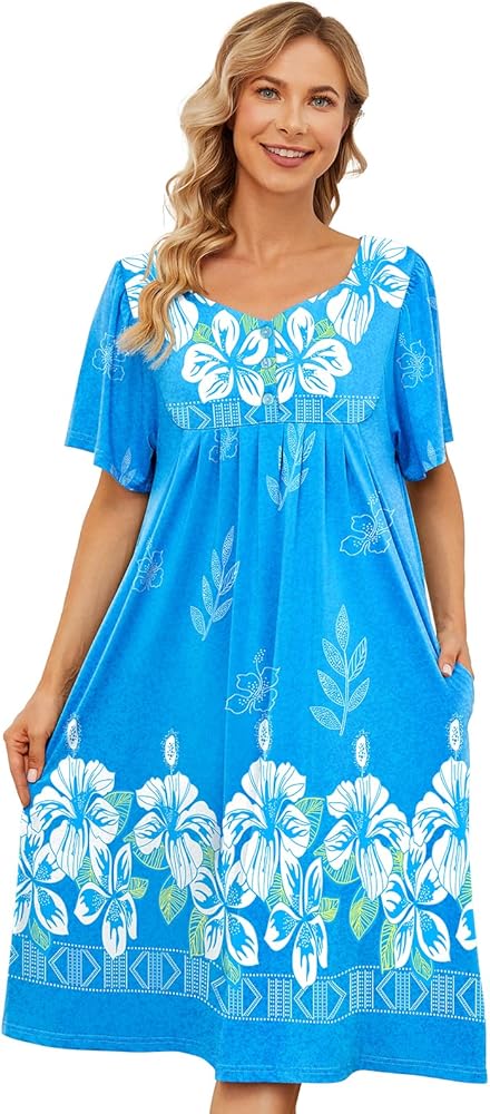 House Dresses for Women with Pockets Moo Moo Nightgown Short Sleeve Mumu Dress Lounge Dress S-3XL