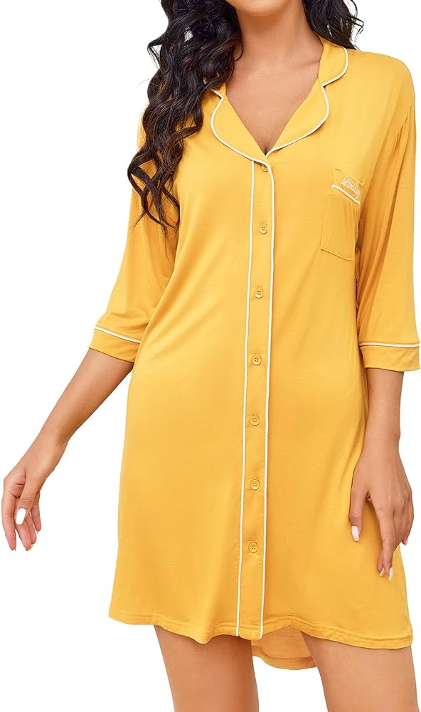 Nightgowns for Women Button Down Night Shirt 3/4 Sleeve Boyfriend V-Neck Sleepwear Pajama Dress