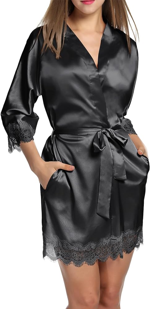 HOTOUCH Silk Robes for Women Short Lace Trim Satin Bride Robe 3/4 Sleeve Sexy Kimono Robe Sleepwear with Pockets