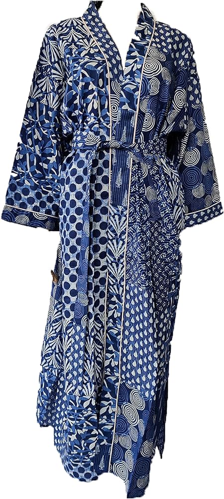 Cotton| Light Bathrobe | Dressing Gown | Long Kimono Robe Traditional Kimono for Women Blue