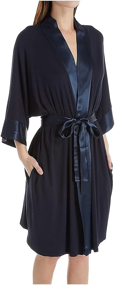 PJ Harlow SHALA-Rib Knit Camono Robe With Satin Belt And Trim, Navy, Medium-Large