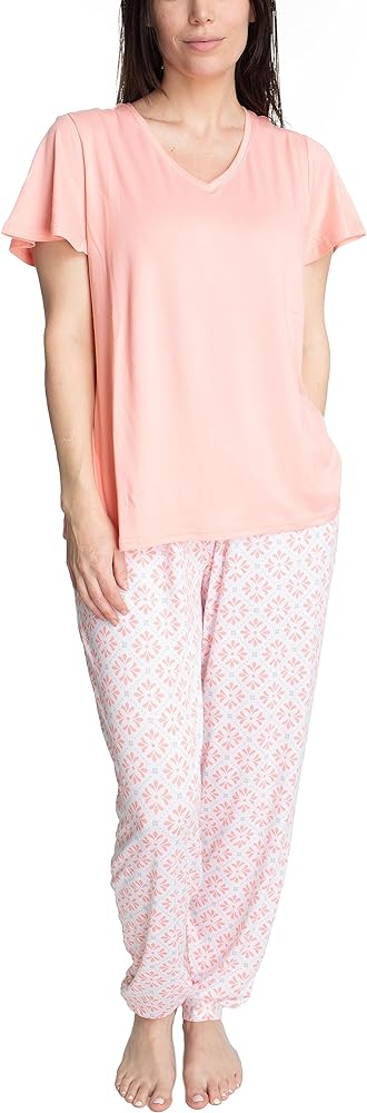 Hanes Women's Step Into Spring Short Sleeve V-neck Top and Jogger Sleep and Lounge Set