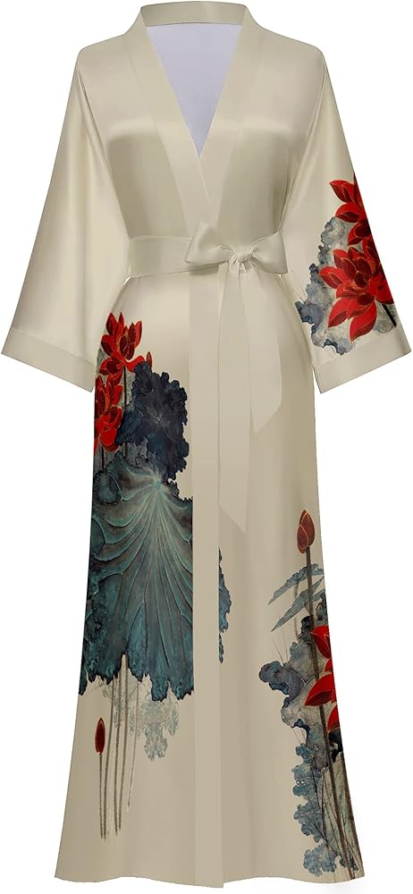 Women's Long Silk Robes Long Satin Robes Long Kimono Robes Floral Silky Bathrobes Dressing Gown, One Size