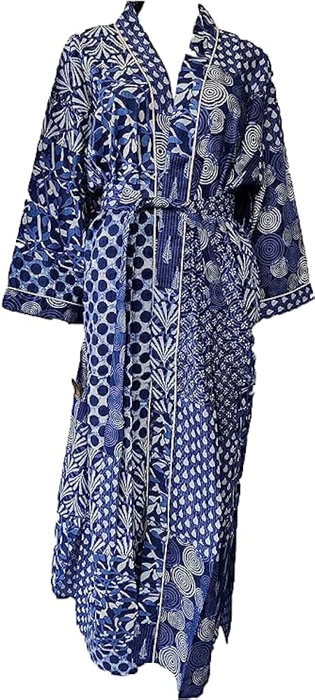 Indigo Print Long Cotton Beach Kimono Handmade Cover Up Bath Robes Women Night Dressing Gown Lightweight Robe Cotton Kimono Dressing gown, Vintage kimono, Bridesmaid robes, Boho kimono, Bridal Robe, Kimono Dragon