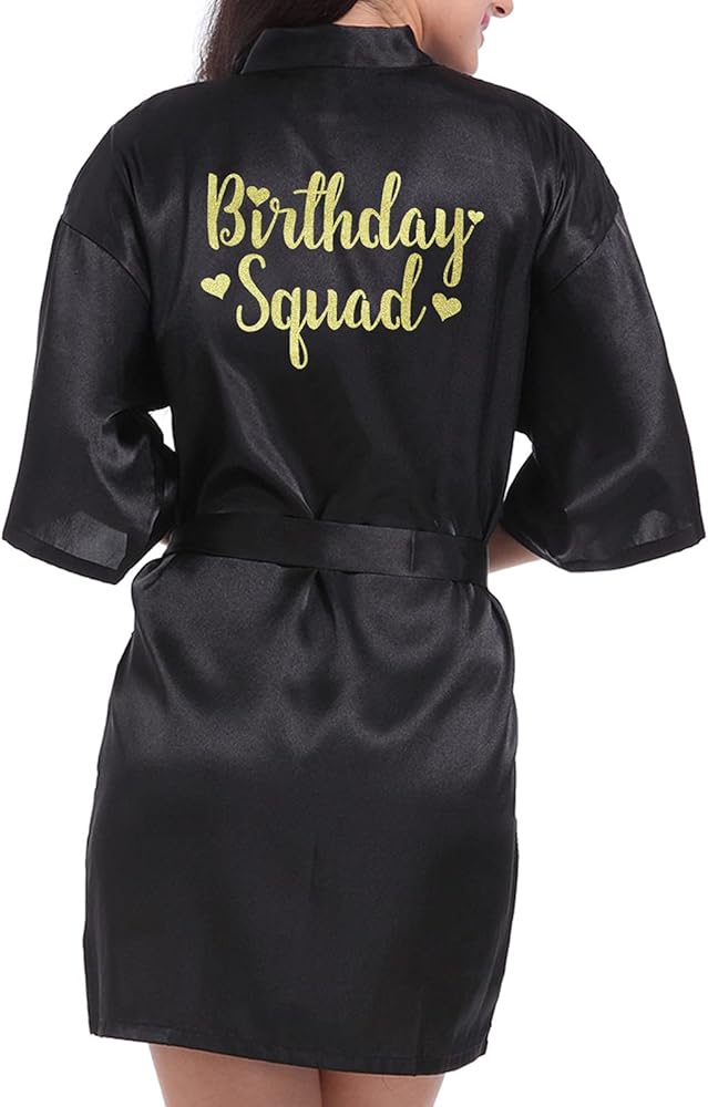 Birthday Queen Squad Kimono Party Robes Women's Silky Short Satin Getting Ready Sleepwear with Gold Glitter