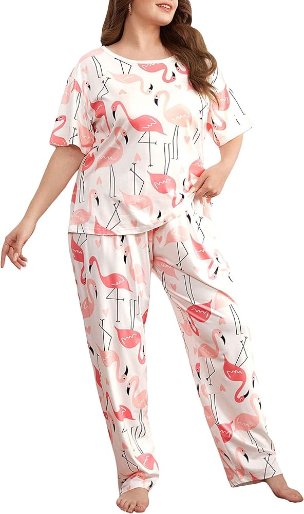 WDIRARA Women's Plus Size Short Sleeve Top And Pants Cute Pajama Lounge Set With Eyemask