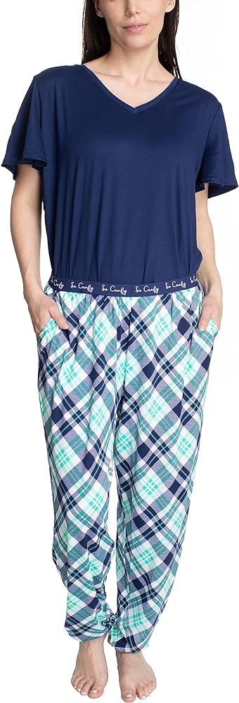 Hanes Women's Step Into Spring Short Sleeve V-neck Top and Jogger Sleep and Lounge Set