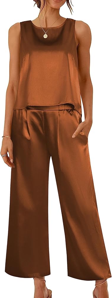 Ekoauer Women's Silk Satin Pajama 2 Piece Outfits Sleeveless Tank Crop Top and Wide Leg Pants Set with Pockets