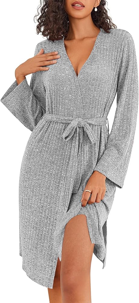 Ekouaer Robe for Women Ribbed Knit Bathrobe Soft Knee Length Kimono Robes Ladies Sleepwear with Pockets S-XXL