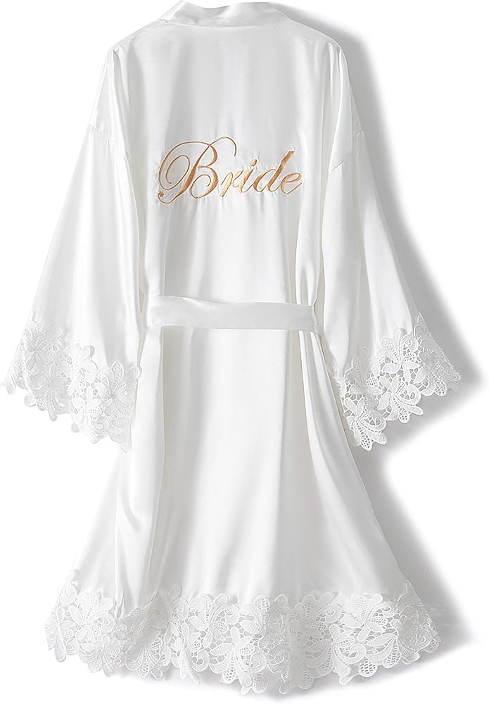 Women's Bride Bridesmaid Silky Robes with Lace Trim Bridal Embroidery Bathrobe for Wedding Party Sleepwear