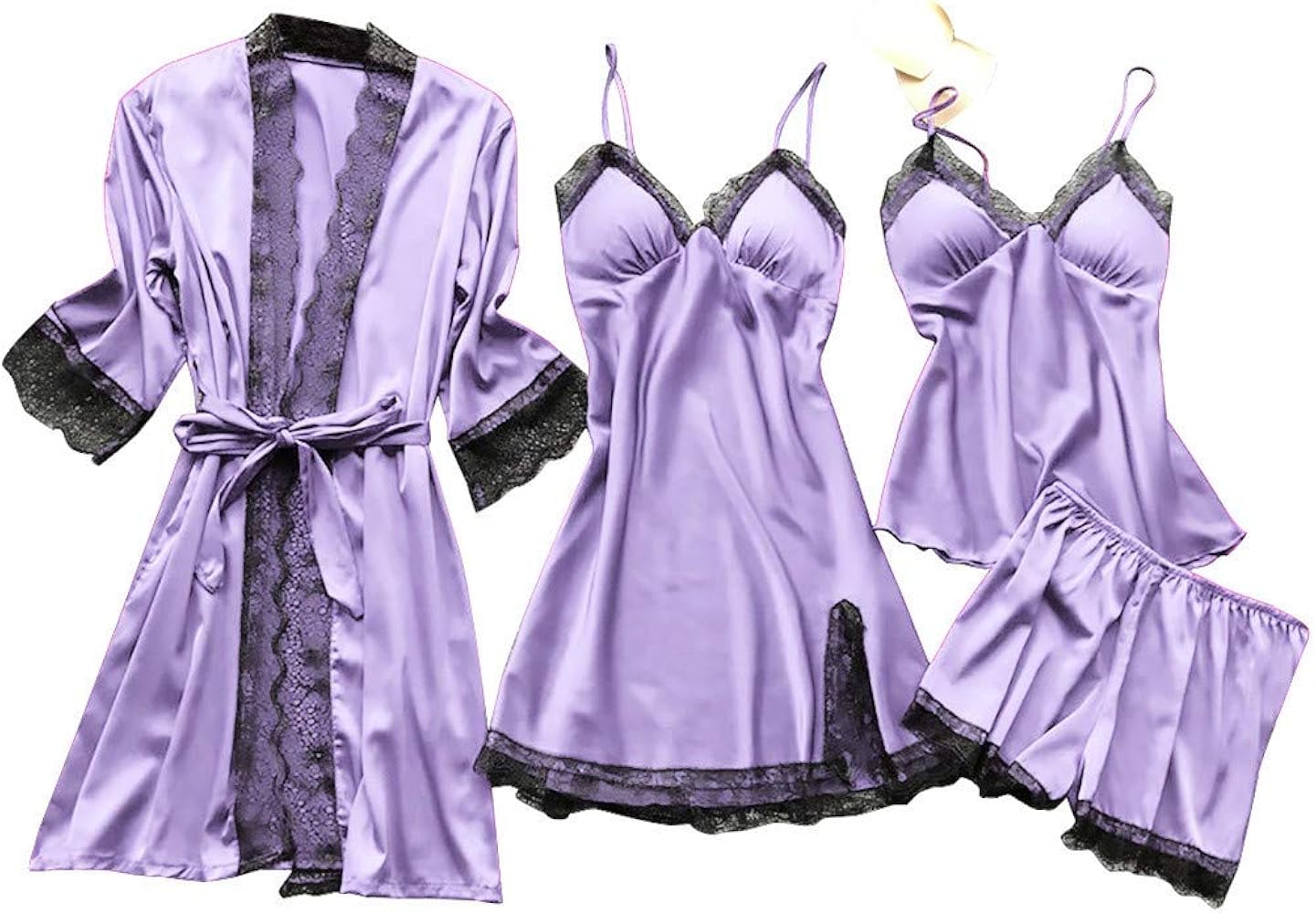 SBGMOSJ March Sale Big Spring Sale Womens 4PCS Silk Pajama Set Sexy Matching Satin Night Gowns Cute Lingerie Nighty Dress Silky Sleepwear Shorts S-5XL Lightning Deals of Today Prime Purple