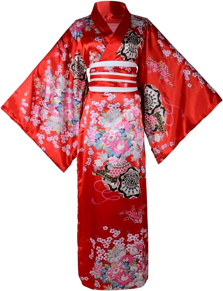 HongH Women's Floral Print Traditional Japanese Kimono Goldfish Obi Belt Blossom Yukata Robe Costume Set