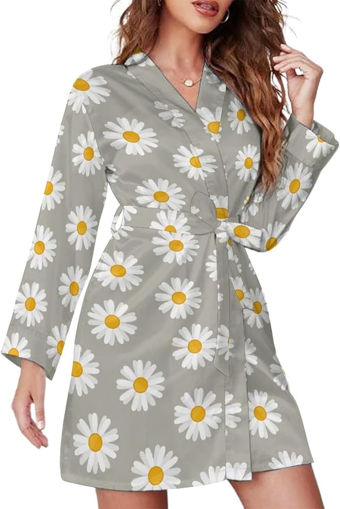 Small Daisy Flower Bath Robes Female Short Spa Bathrobe Long Sleeve Robe Attached Belt Knee Length Loungewear