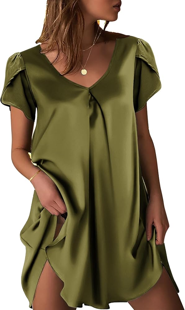 Ekouaer Women's Satin Nightgown Short Sleeve Sleepdress V-Neck Sleepwear Loose Silk Sleepshirt