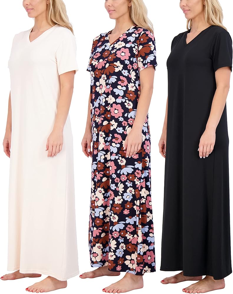 Real Essentials 3 Pack: Women's Soft Maxi Long Nightshirt Short Sleeve Soft Nightgown Sleep Dress (Available in Plus Size)