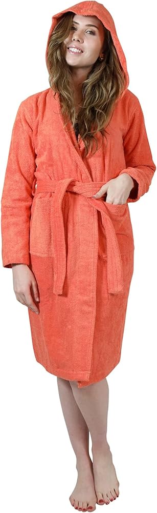 Bathrobe for Women, 100% Cotton Terry Bath Robe, Womens Robe Hooded, Soft Plush, Long Sleeve, Pockets, Robe Tie