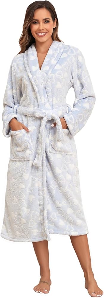 RONGTAI Long Fleece Robe for Women, Shawl Collar, Plush Warm Fabric, Side Pockets, Love Print Design, Nightwear Style