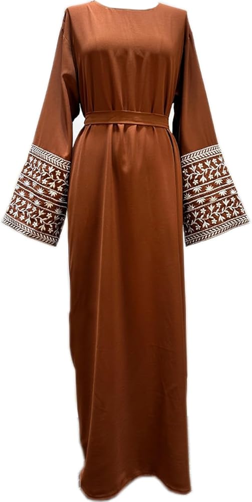 MedeShe Women's Embroidery Abaya Ramadan Muslim Belted Dress Robes