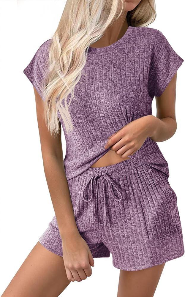 Ekouaer Pajamas for Women Ribbed Knit Lounge Set Cap Sleeve Top and Shorts Loungewear Sleepwear with Pockets S-XXL