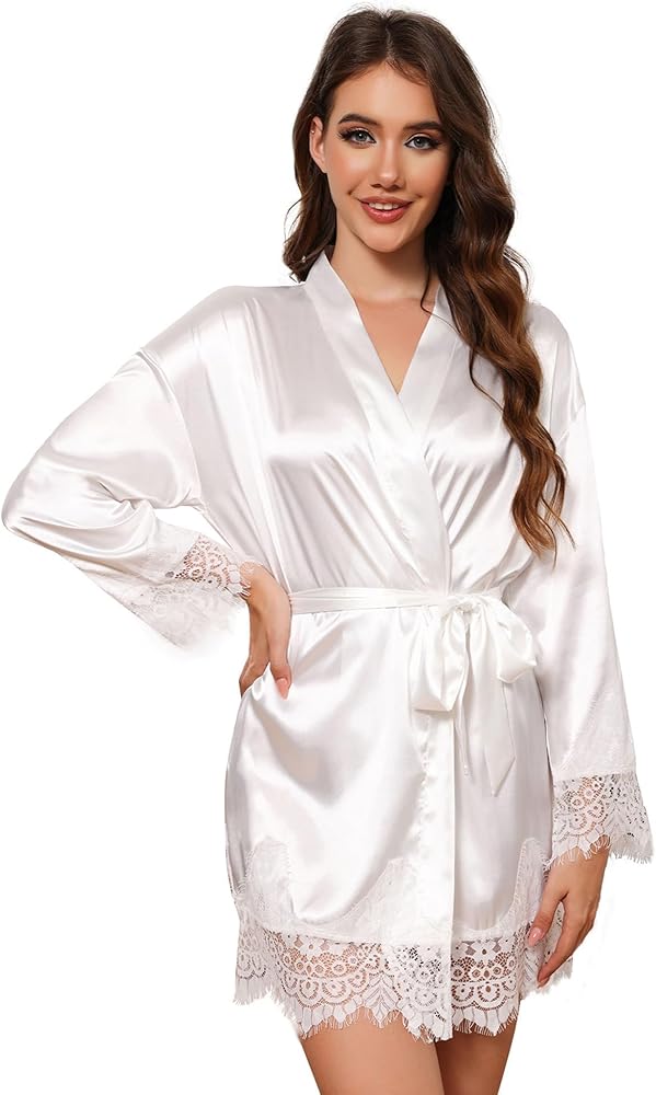 GAESHOW Silk Robes for Women, Bridesmaid Bride Party Lace-Trim Satin Robes Bath Robes Female Sleepwear