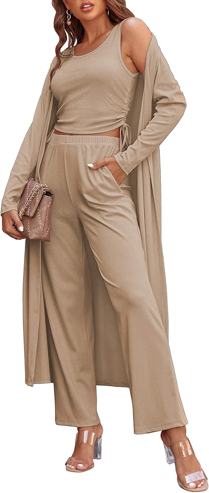 Ekouaer Women's 3 Piece Knit Lounge Set Pajama Long Sleeve Cardigan Sleeveless Top Pants Sweatsuit S-XXL