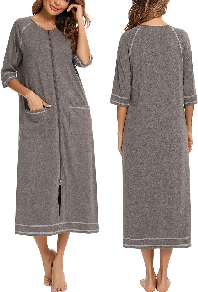 Veseacky Women Robe Zipper Front House Coat 3/4 Sleeve Nightgown Full Length Ladies Lounge Dress with Pockets S-XXL