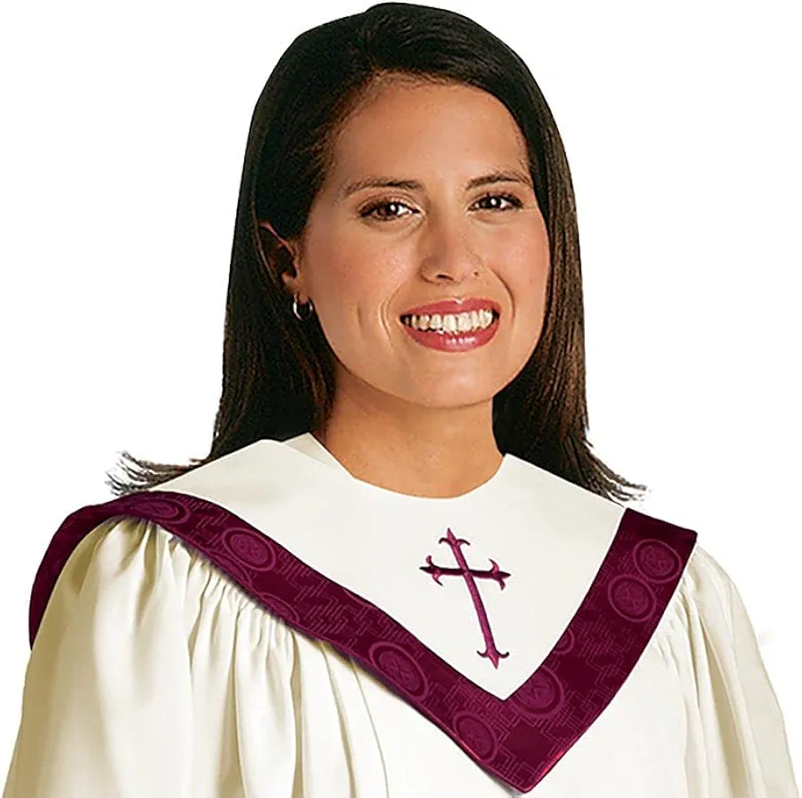 Reversible with Deep Pennant Style Back and Embroidered Latin Cross Choir Stole, Adult, Linen and Maroon