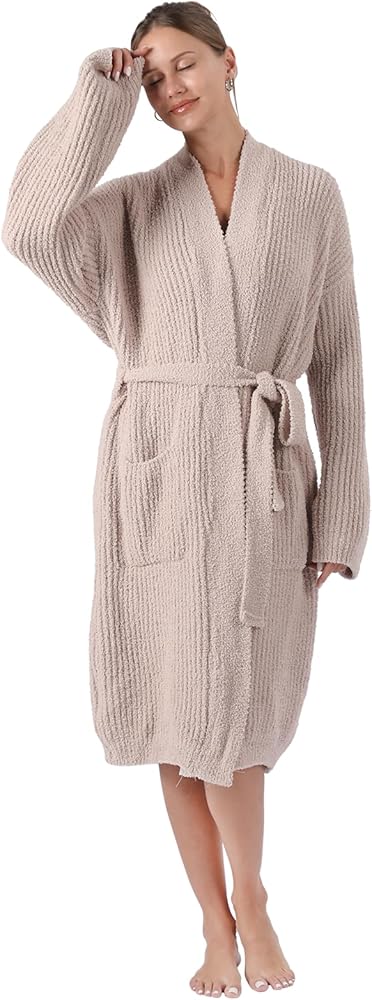 Cozy Robe Chic Lightweight Soft Plush Robe Vertical Bar Hoodless Sleepwear Nightgown with Pockets for Women