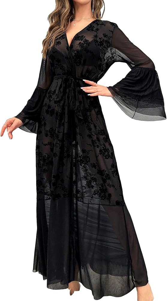 GORGLITTER Women's Floral Lace Ruffle Hem Belted Robe Flounce Sleeve Sheer Nightgown