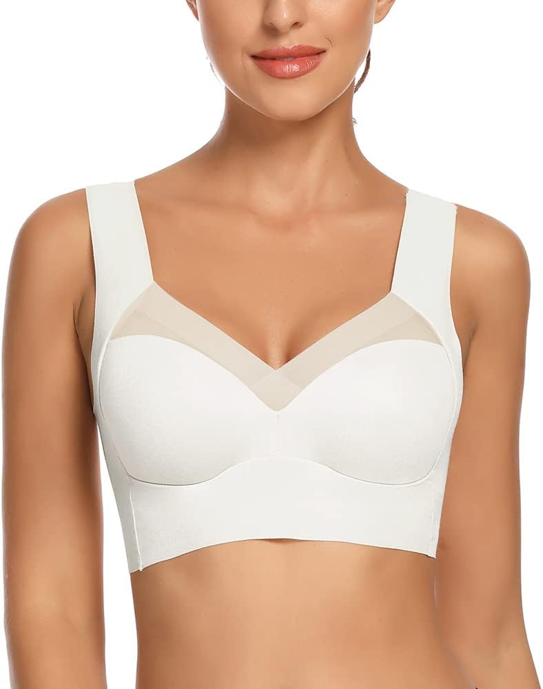 WOWENY Seamless Wirefree Bras for Women Mesh Comfortable Padded Back Smoothing Bra