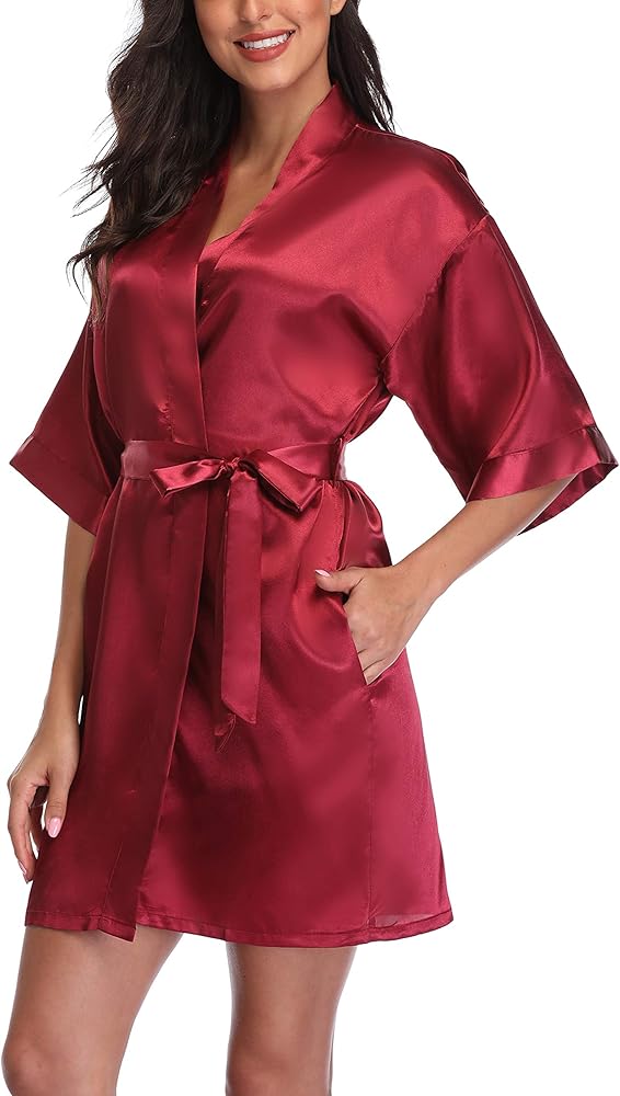 Women's Satin Robes Short Bridesmaid Getting Ready Robe Soft Sleepwear Kimono Bathrobe for Bridal Wedding Party