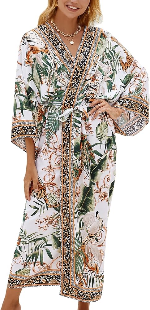 Women's Bohemian Cardigan Maxi Dress Beach Coverup Robe Long Kimono Robs One Size