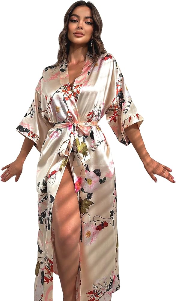 OYOANGLE Women's Satin Robe Floral Print 3/4 Sleeve Open Front Belted Bride Wedding Party Kimono