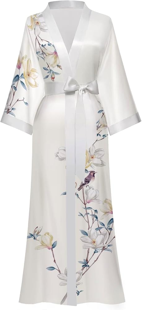 Women's Silk Kimono Robes Long Bathrobes Female Sleepwear Floral Print Wedding Robe Nightgown Satin Bridesmaid Robes