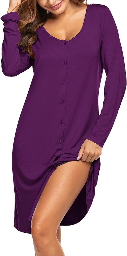 Ekouaer Womens Long Sleeve Button Down Nightgown Loose V-Neck Nightshirt Sleepwear Pajama Dress