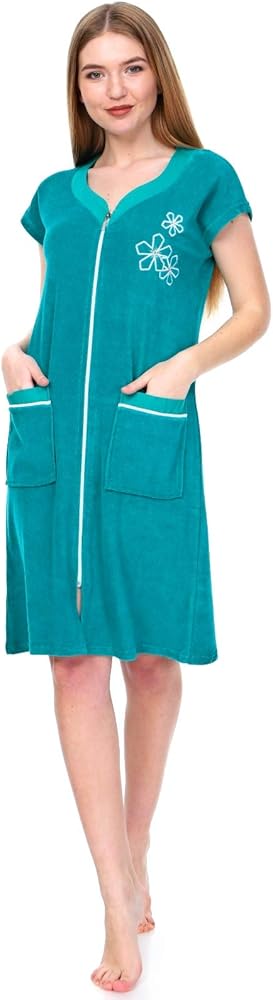 Womens Terry Cotton Zipper Front Two Pockets Robe Sleepwear Beach Dress