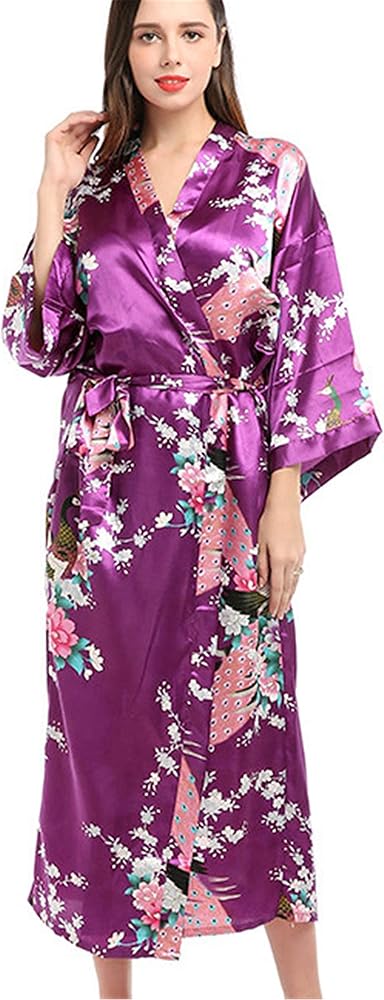 Andongnywell Women's Kimono Robe Long Bath Robes with 3/4 Sleeve Peacock Pajamas with Pockets Drawstring