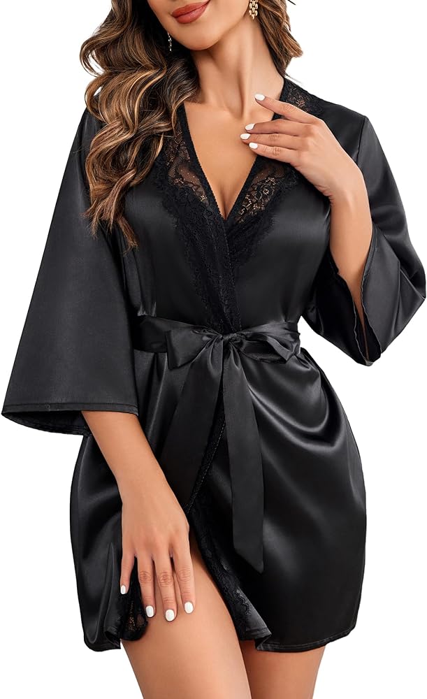 ADOME Women's Kimono Robe Short Satin Pure Short Silky Robes