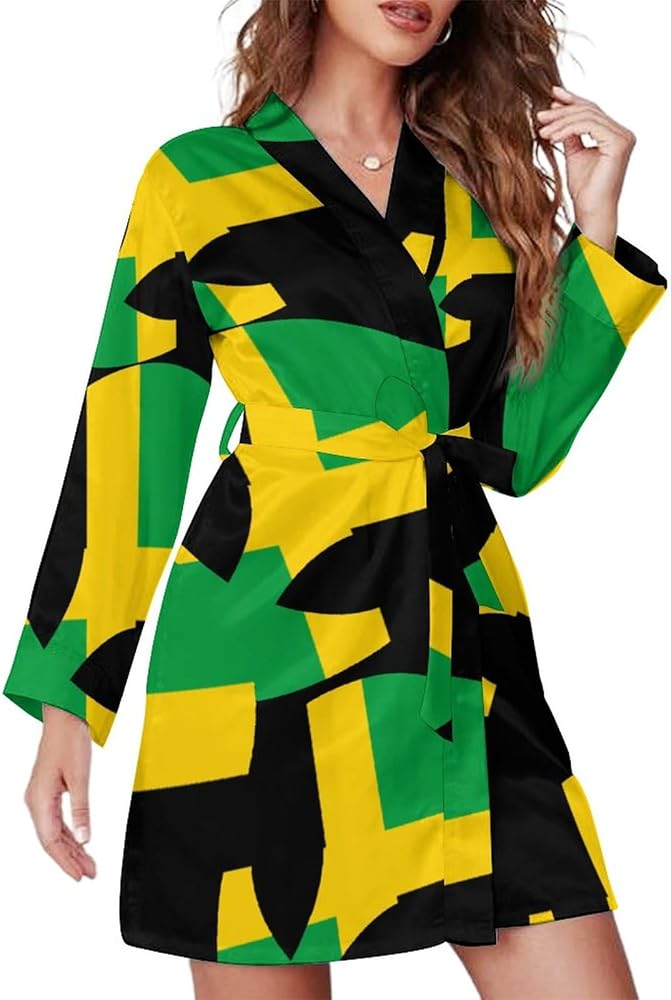 Jamaican Flag Alien Women's Bathrobe Long Sleeve Short Robe Lounge Pajama Loungewear