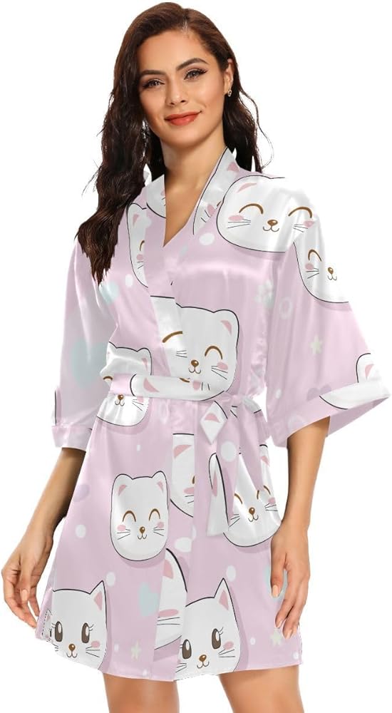 Women Kimono Robes Farm Animals Pattern Dressing Gown Bathrobe Sleepwear Satin Robe