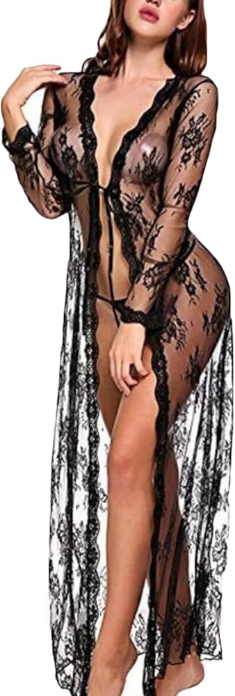 Women Sexy Long Lace Lingerie Kimono Robe Sheer Babydoll See Through Sleepshirt Nightgown Lightweight Nightdress With Thong