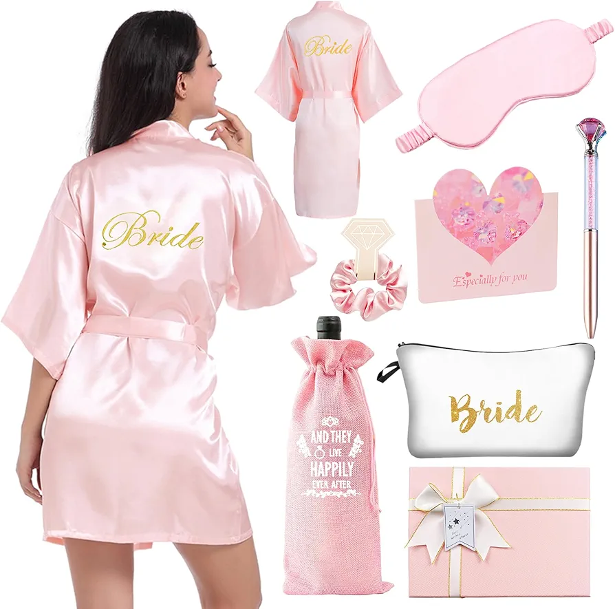 8PCs Bridal Shower Gifts, Bride Robe for Wedding Day & Getting Ready Gift Set, Bride To Be Engagement Gifts For Her Bachelorette Night Women Dress Up Accessories (Set 2)