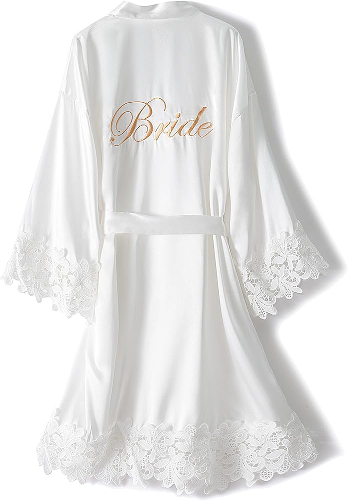 Women's Bride Bridesmaid Robe with Lace Trim Wedding Party Kimono Robes Soft Satin Bathrobe Getting Ready