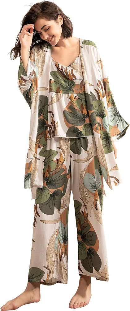 WDIRARA Women's 3 pcs Sleepwear Leaf Print Cami and Pants Pajama Set with Robe