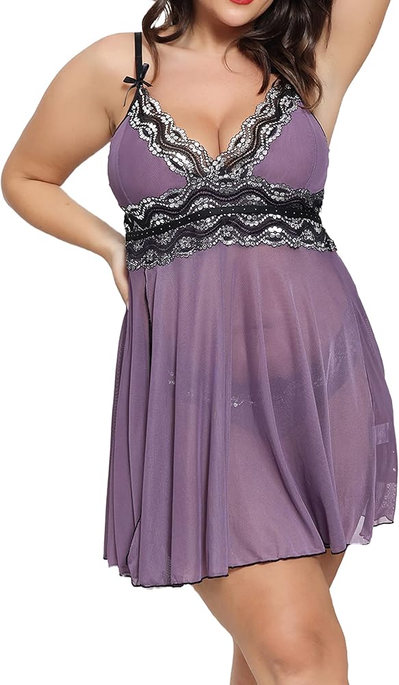 Plus Size Lace Lingerie Dress for Women Sleepwear Naughty Outfits Lingerie Night Lady Babydoll 2XL Purple